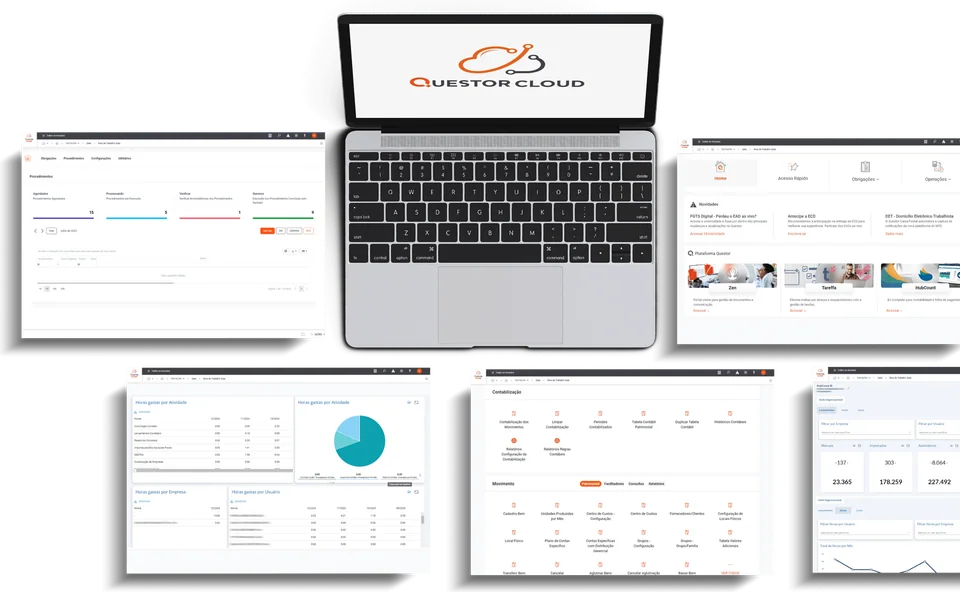 Questor Cloud aberto em notebook e telas, com painel de obrigações, capturas fiscais e indicadores